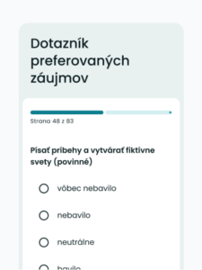 Ukážka dotazníka preferovaných záujmov – otázka na písanie príbehov a vytváranie fiktívnych svetov so škálou odpovedí.