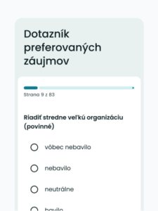 Ukážka dotazníka preferovaných záujmov – otázka na vzťah k riadeniu veľkých organizácií so škálou odpovedí.