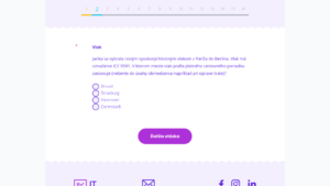 Ukážka IT‑Fitness testu – textová úloha o ceste vlakom s výberom jedného mestá z viacerých možností.
