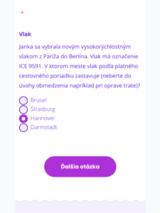 Ukážka IT‑Fitness testu – textová úloha o ceste vlakom s výberom jedného mestá z viacerých možností.