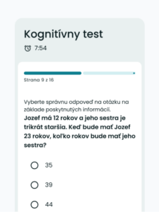 Ukážka kognitívneho testu – slovná logická úloha s výberom správnej číselnej odpovede.