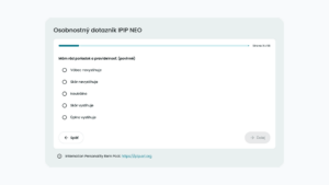 Ukážka osobnostného dotazníka IPIP NEO – otázka so škálou odpovedí, krok 1 z viacerých.