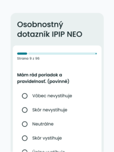 Ukážka osobnostného dotazníka IPIP NEO – otázka so škálou odpovedí, krok 1 z viacerých.